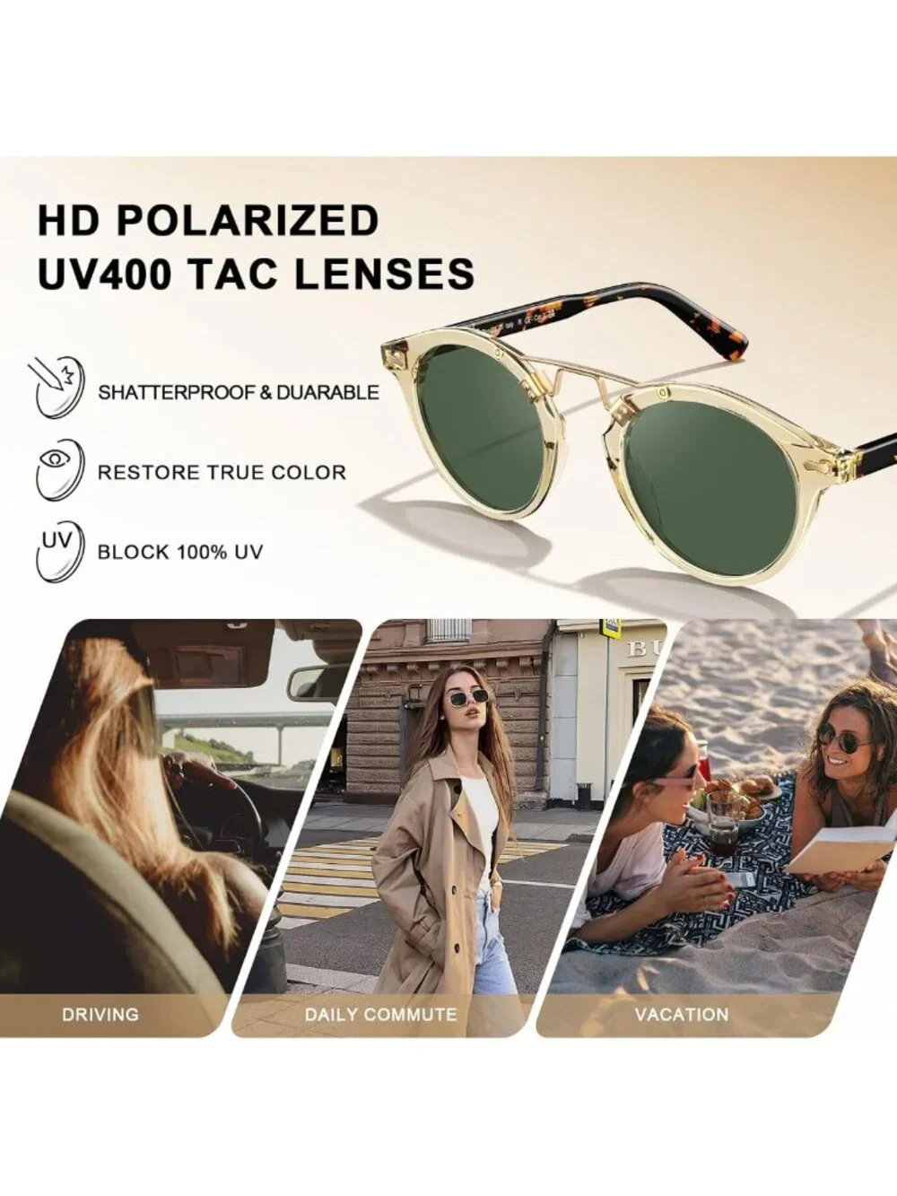 Retro Double Bridge Polarized Women's Sunglasses - Small Acetate Round Frames
